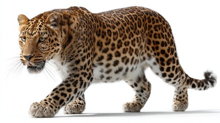 Fototapeta premium Majestic Leopard Striding Forward, Showcasing Beautiful Fur Pattern and Intense Gaze in a Studio Setting with White Background, Captivating Wild Beauty and Grace