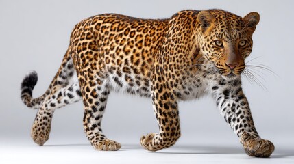 Fototapeta premium Majestic Full-Body Shot of a Leopard Walking Gracefully Against a Clean Background, Showcasing Its Distinctive Spots and Powerful Presence