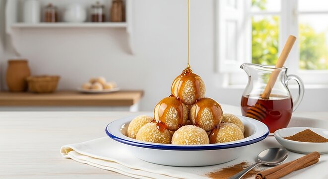 mandioca sweet balls, small golden fried balls of sweet cassava dough, arranged in white ceramic plate with blue rim.