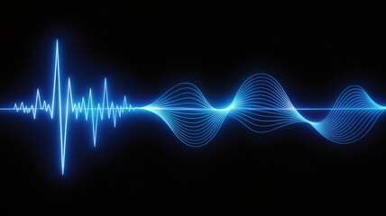 Fototapeta premium Bright neon blue glowing abstract digital sound wave or equalizer on a dark black background showing dynamic data visualization
