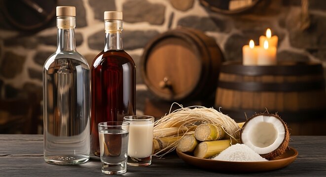 Cape Verdean beverages, grogue (sugarcane spirit) in transparent artisanal glass bottle beside ponche (coconut liqueur) in amber glass bottle. 