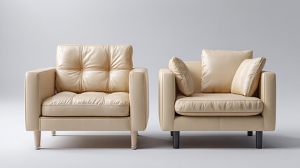 Fototapeta premium Modern Leather Chairs in Soft Neutral Tones for Contemporary Living Room Decor, Perfect for Creating a Cozy and Stylish Environment
