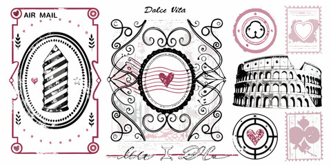 Vintage travel themed collage with postage stamps and italian landmarks © Roni