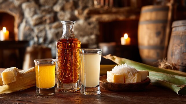 Cape Verdean beverages, grogue (sugarcane spirit) in transparent artisanal glass bottle beside ponche (coconut liqueur) in amber glass bottle. 