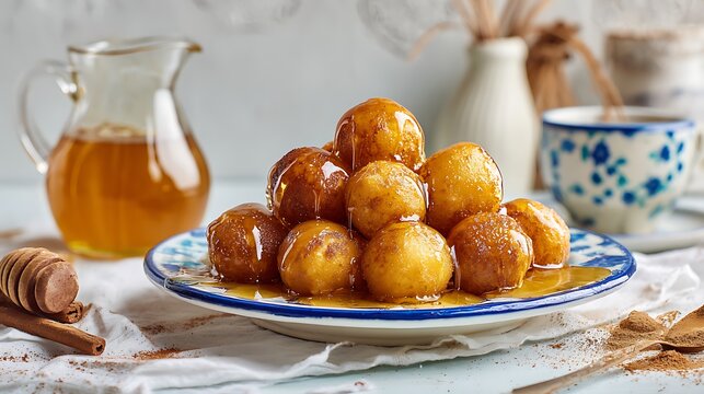 mandioca sweet balls, small golden fried balls of sweet cassava dough, arranged in white ceramic plate with blue rim.