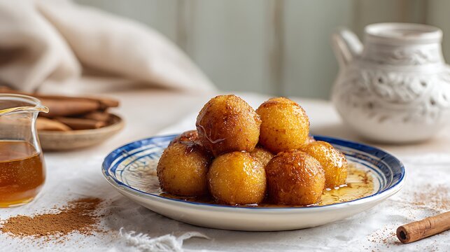 mandioca sweet balls, small golden fried balls of sweet cassava dough, arranged in white ceramic plate with blue rim.