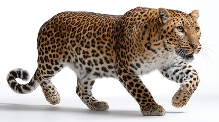 Fototapeta premium Dynamic and Majestic Leopard in Motion Captured Against a White Background, Showcasing Its Vibrant Spots and Athletic Build in Stunning Detail