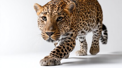 Fototapeta premium Majestic Leopard in Motion: Close-Up View of a Strikingly Beautiful Wild Cat Captivating with Its Elegant Gait and Distinctive Spot Patterns Against a Clean White Background