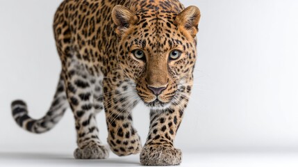 Naklejka premium Majestic Leopard Walking Elegantly on White Background, Showcasing Striking Spots and Intense Gaze, Symbol of Power and Grace in the Wild, Captivating Wildlife Photography