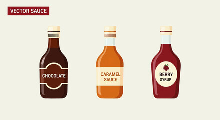 Collection of three sauce bottles chocolate, caramel, and berry syrup, presented in a clean, minimalistic style against a neutral background