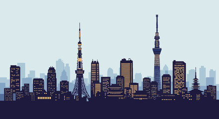 Obraz premium Tokyo City Skyline Silhouette with Iconic Landmarks at Night