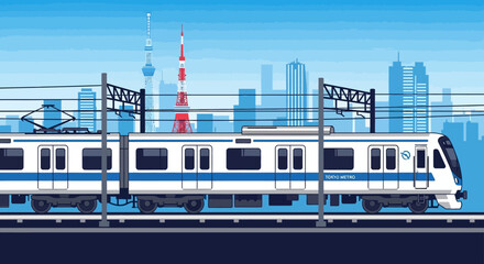 Naklejka premium Modern Tokyo Subway Train Moving Through Cityscape
