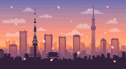 Obraz premium Tokyo City Skyline Silhouette with Sakura Petals at Sunset