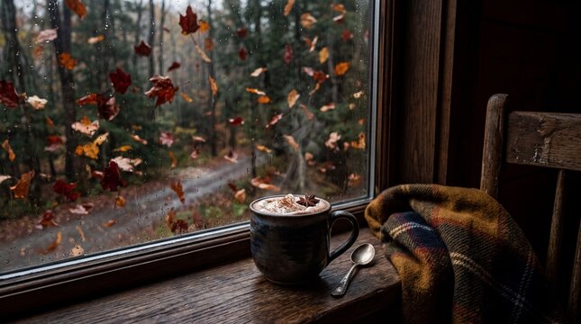 Cozy Autumn Scene - Hot Chocolate by the Window with Falling Leaves.