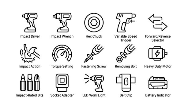 Illustrated tool icons featuring drill, wrench, motor, and accessories
