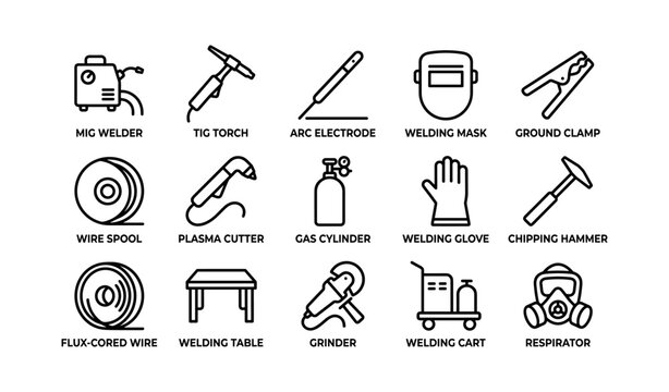 Welding equipment icons: mig welder, tig torch, arc electrode, welding mask, ground clamp