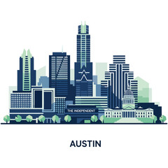 Obraz premium Stylized illustration of the Austin, Texas skyline featuring prominent downtown buildings and the State Capitol building with 'AUSTIN' text below.