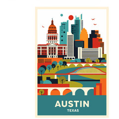Fototapeta premium Stylized retro travel poster illustration of the Austin, Texas skyline featuring the State Capitol, modern buildings, bridges, and green parks under a vibrant sky.
