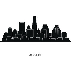 Naklejka premium Black silhouette of the Austin, Texas city skyline featuring various buildings and skyscrapers against a white background.