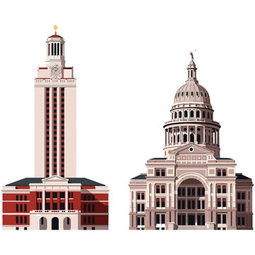 Illustration of the iconic University of Texas Tower and the Texas State Capitol building, two prominent landmarks in Austin, Texas.