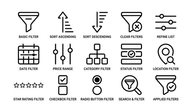 Filter and sorting icon set with various options and controls
