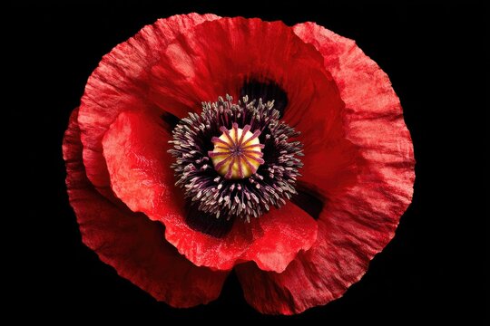 A vibrant red poppy blossom, intricately detailed against a solid black background