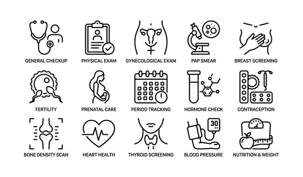Healthcare icons: checkup, gynecology, fertility, and health monitoring