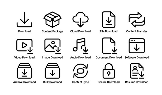 Download icons set representing various digital content and transfer methods