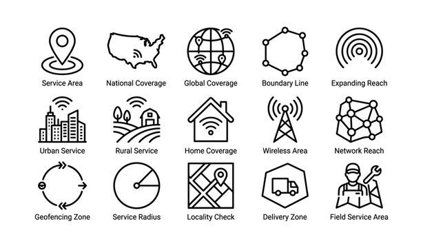Comprehensive network service icons including coverage and connectivity zones