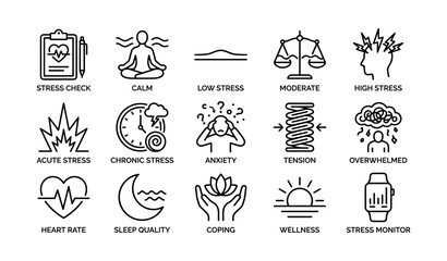 Fototapeta premium Stress management icons: calm, anxiety, wellness, heart rate, coping techniques