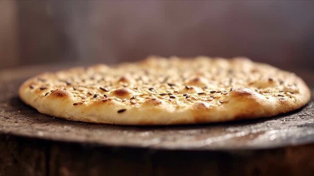 Freshly baked flatbread with sesame seeds emerging from the oven.