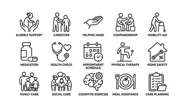 Icons depicting elderly support and care services for improved well-being