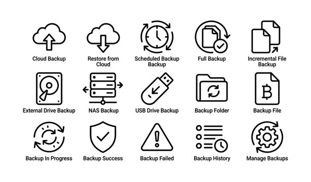 Backup icons set: cloud, external drives, history management