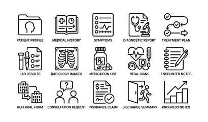 Fototapeta premium Comprehensive medical icons: patient care, diagnosis, treatment, records