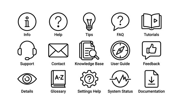 Icon set for info, help, faq, tutorials, feedback, and more with minimalist design