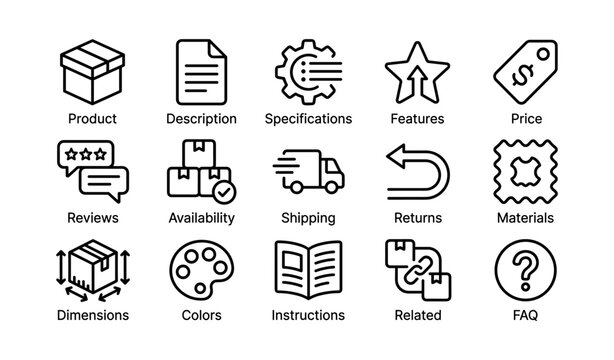 E-commerce icons: product, description, specifications, features, price, reviews, shipping