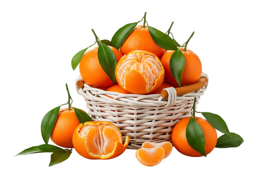 Fresh organic tangerines or mandarins with green leaves in a white wicker basket and scattered on white.