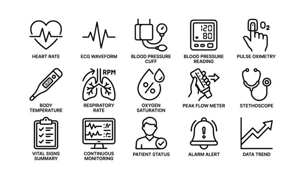 Medical monitoring icons: heart rate, oxygen levels, blood pressure, respiratory rate, ecg, stethoscope