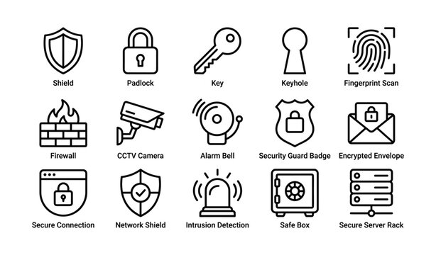 Collection of security icons: shield, padlock, key, fingerprint, firewall, cctv, alarm, secure server