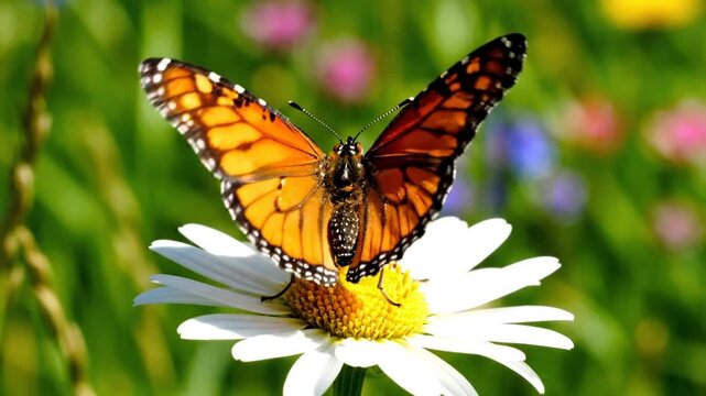Beautiful orange monarch butterfly resting and feeding on a vibrant white daisy flower in a lush garden environment