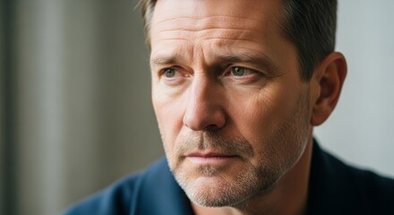 Obraz premium A thoughtful man of middle age with a serious expression, gazing into the distance with a pensive look