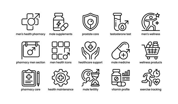 Men's health icons: pharmacy, supplements, prostate care, testosterone, wellness