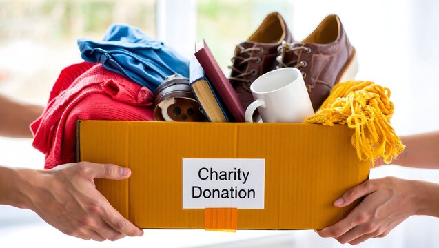Hands Holding Box of Charity Donations - Clothing, Books, and Household Items