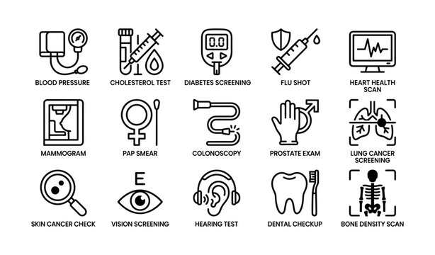 Essential health screenings icons: blood pressure, diabetes, flu shot, heart scan, cancer checks