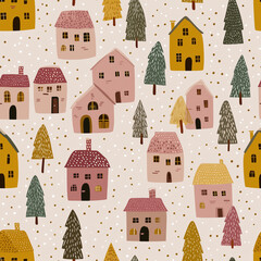 Seamless whimsical village pattern with pastel houses and stylized pine trees on a soft beige background, cozy hand drawn repeating design in a charming Scandinavian winter style © Aillusionist