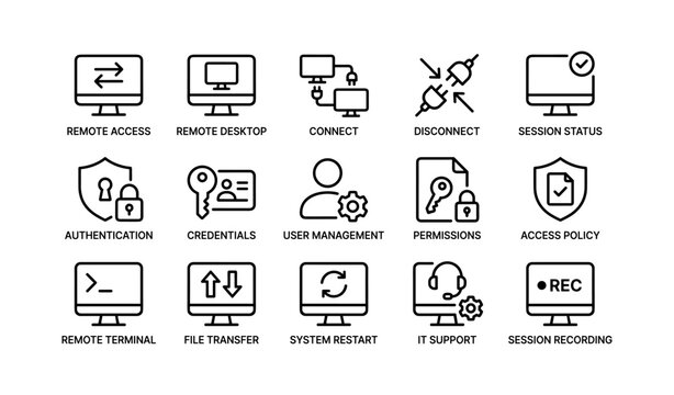 Remote access and it support icons set with authentication and permissions