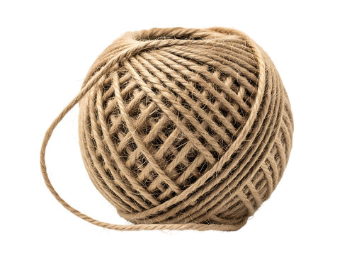 Close-up of a rustic ball of natural jute twine or string isolated on a white background.