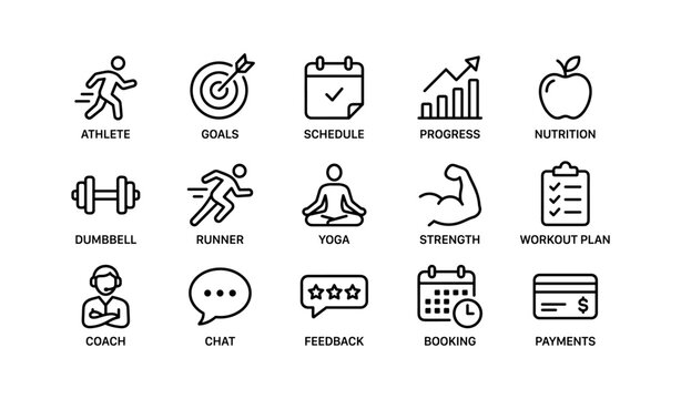 Fitness and wellness icons: workout, nutrition, schedule, strength, progress