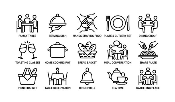 Dining icons: table settings and food sharing illustrations