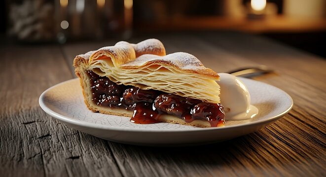 A slice of homemade cherry pie sits on a white plate atop a rustic wooden table indoors.